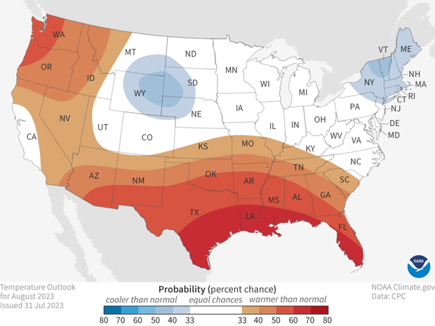 Temperature outlook for August 2023, by NOAA